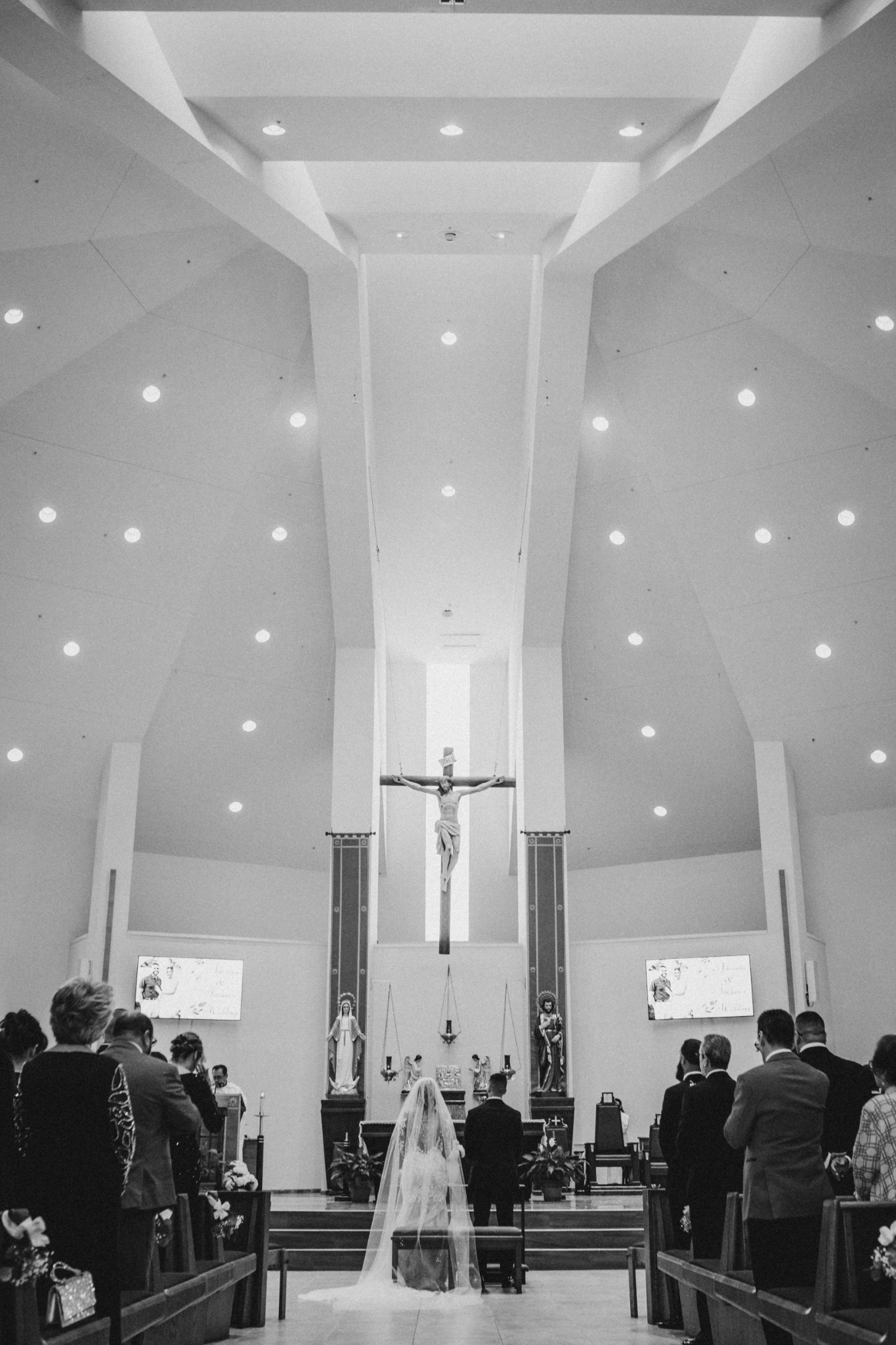 Church sanctuary and cross before the wedding ceremony